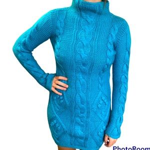 Hand Crafted Cable Knit Wool Dress Aqua-Blue Size S